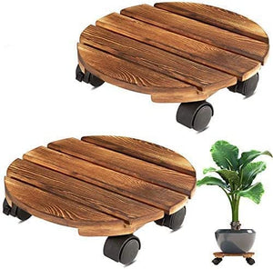 OUTDOORFURNI Pack of 2 Wood Duty Round Plant Roller with 2 Lockable 360° Caster Wheels 12 inch