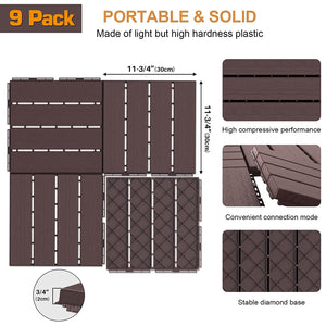 OUTDOORFURNI Plastic Interlocking Deck Tiles, 12"x12" Waterproof Outdoor Flooring 4 Slats