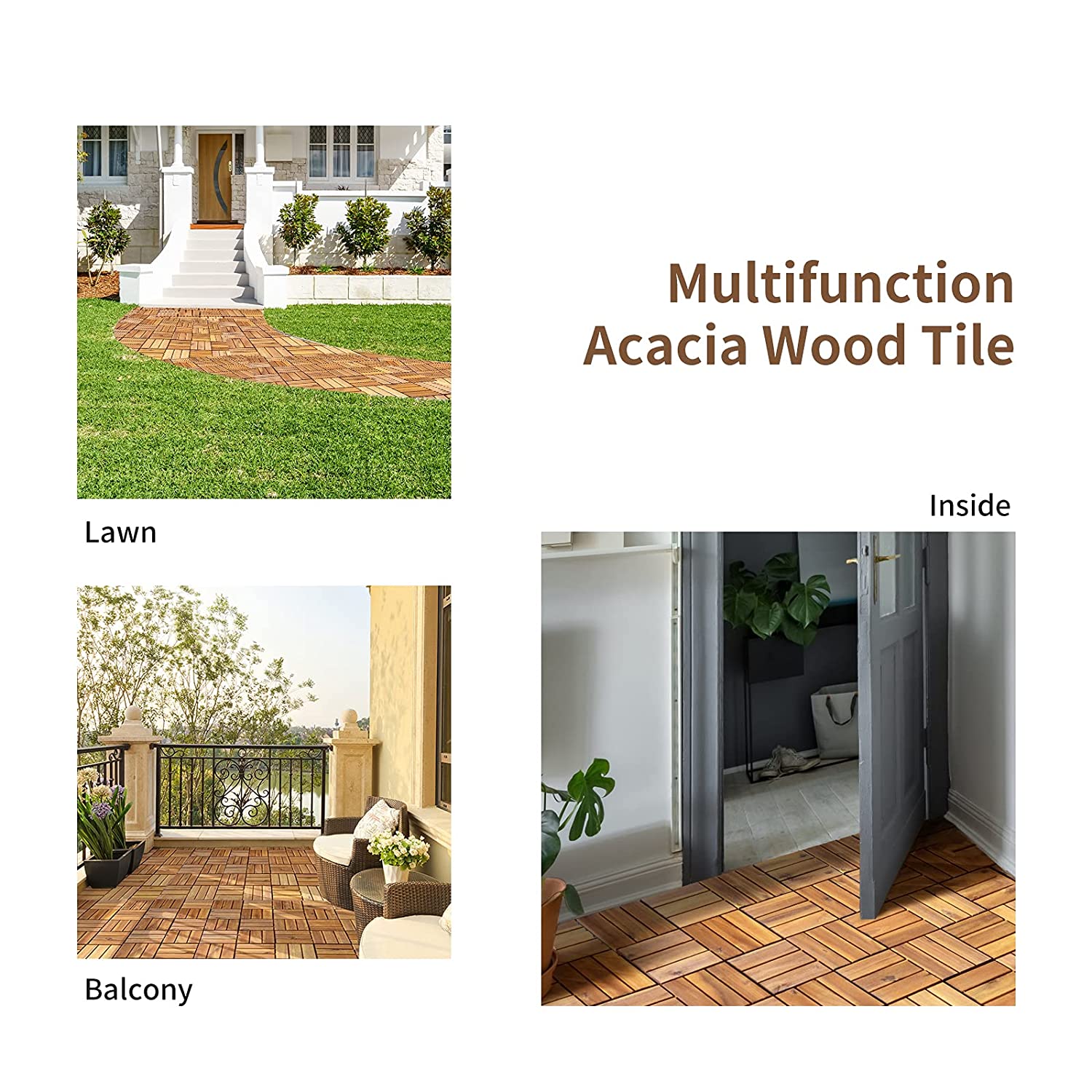 OUTDOORFURNI Interlocking Patio Floor Deck Tiles Acacia Solid Hardwood Plastic Composite 12" x 12" 12 Slats