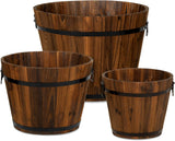 OUTDOORFURNI Set of 3 Wooden Bucket Barrel Garden Planters