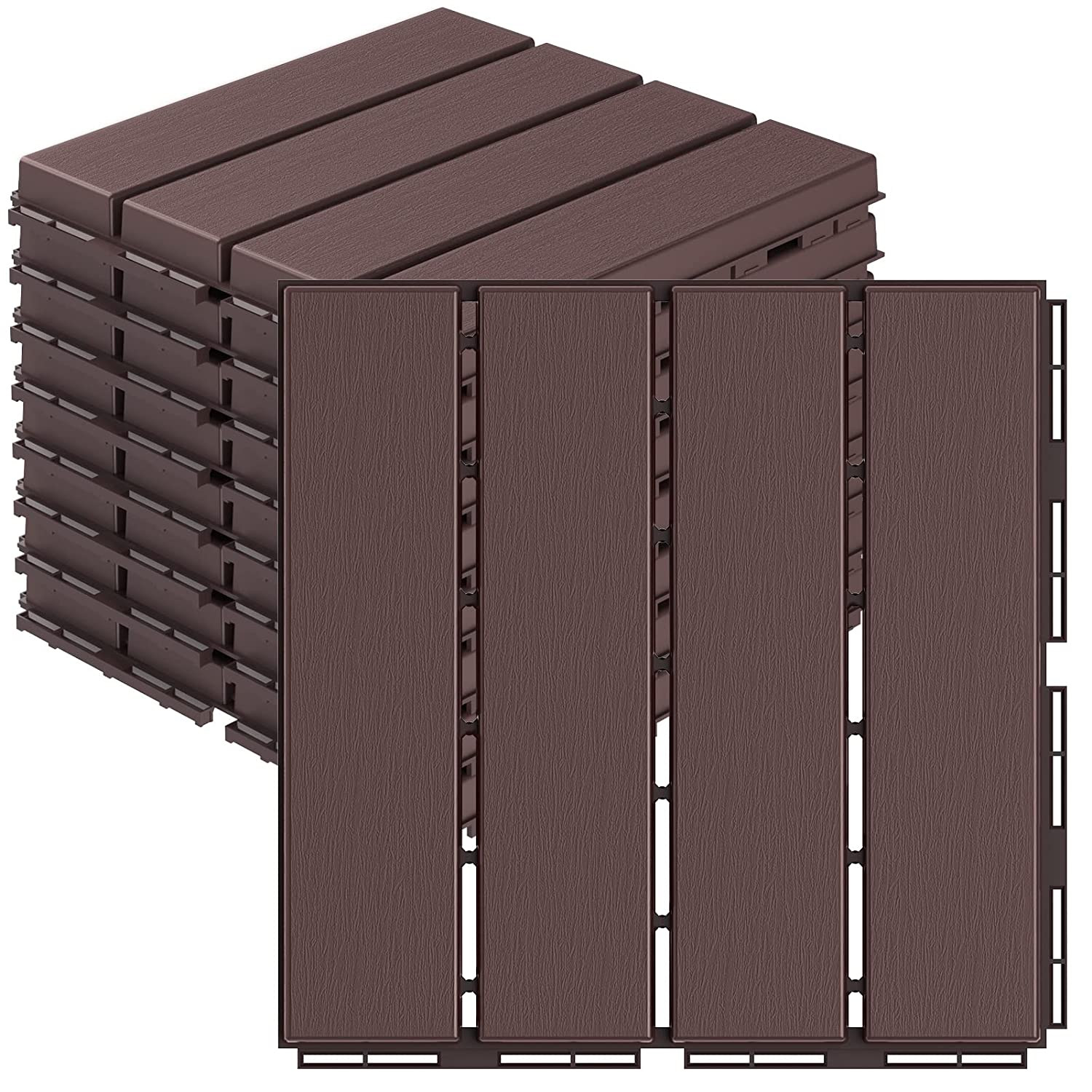 OUTDOORFURNI Plastic Interlocking Deck Tiles, 12"x12" Waterproof Outdoor Flooring 4 Slats