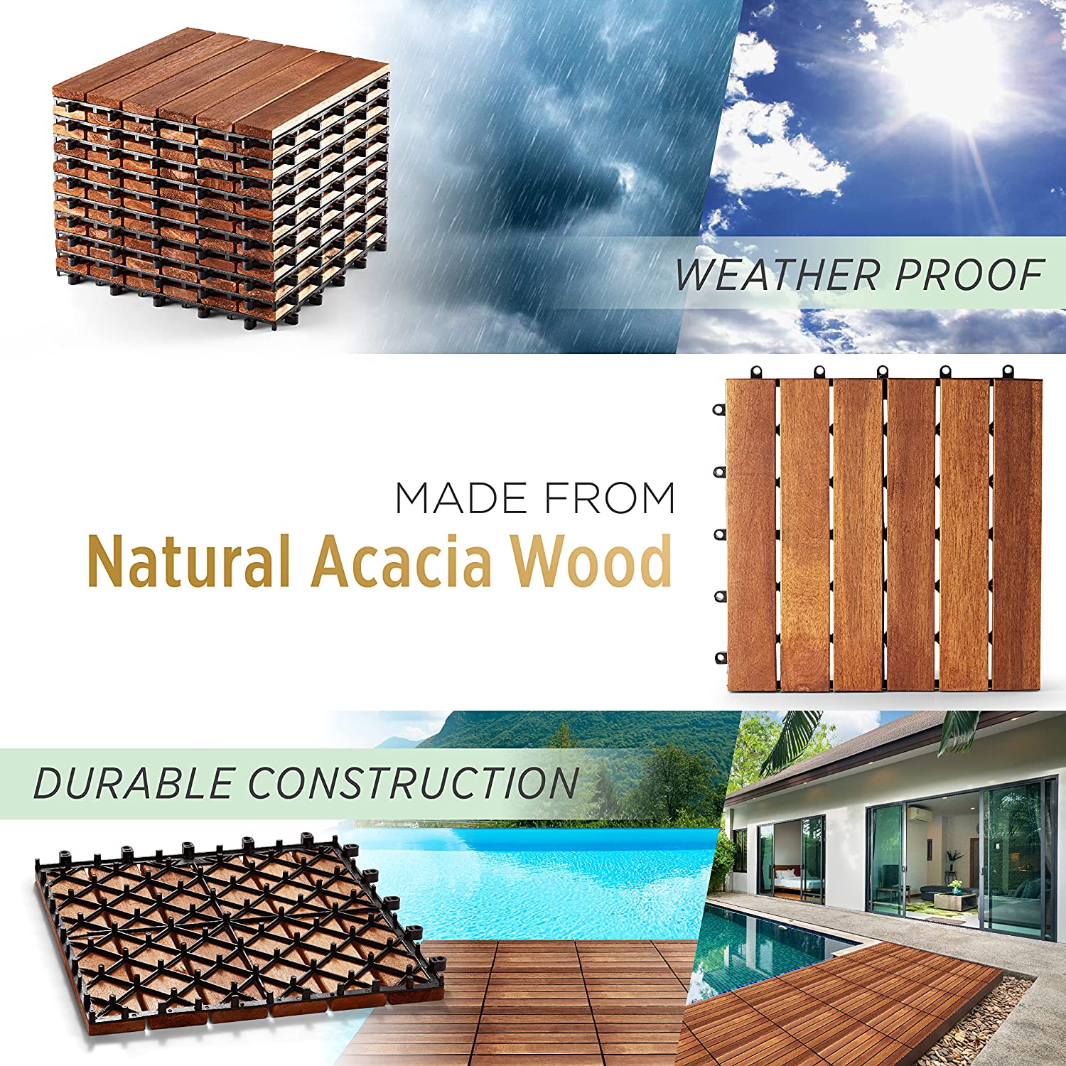 OUTDOORFURNI Interlocking Patio Floor Deck Tiles Acacia Solid Hardwood Plastic Composite 12" x 12" 6 Slats