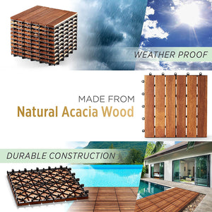 OUTDOORFURNI Interlocking Patio Floor Deck Tiles Acacia Solid Hardwood Plastic Composite 12" x 12" 6 Slats