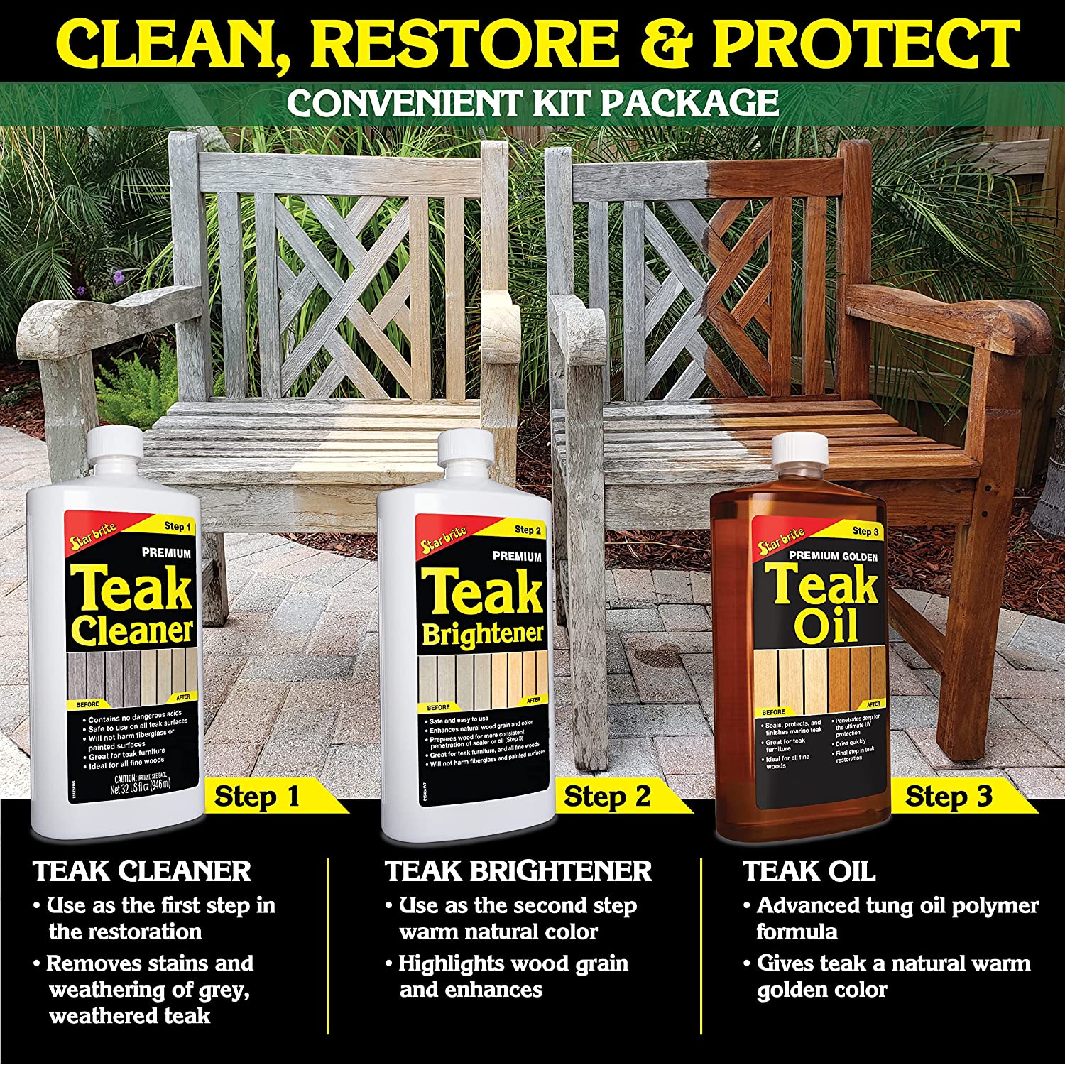 OUTDOORFURNI STAR BRITE Teak Kit - Restore Decks, Patio, Outdoor Furniture, Boats & Fine Wood